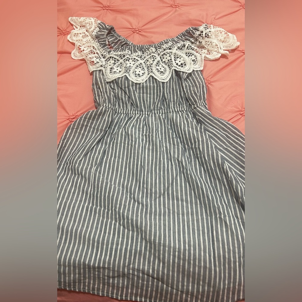 Gray & White Striped Off-Shoulder Lace Dress